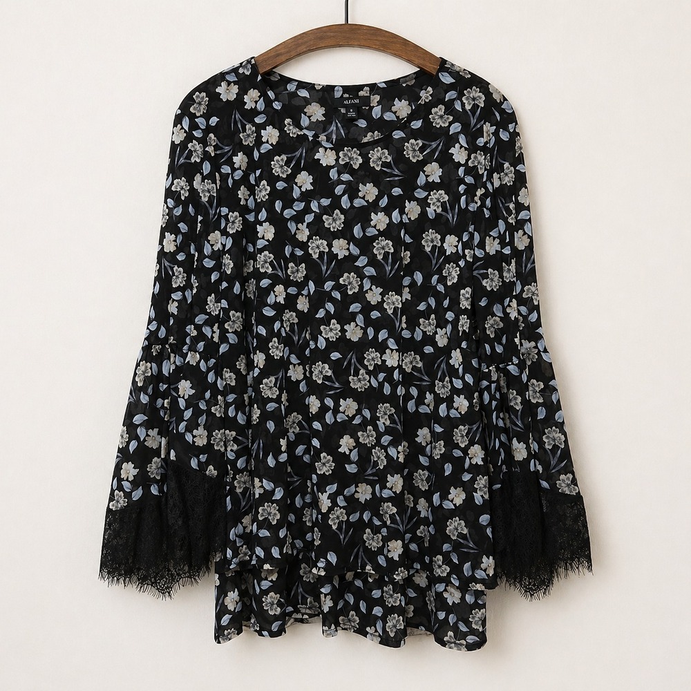 Alfani Blouse Size XL Black Floral Lace Trim Sleeve Whimsigoth Boho‎ Witchy